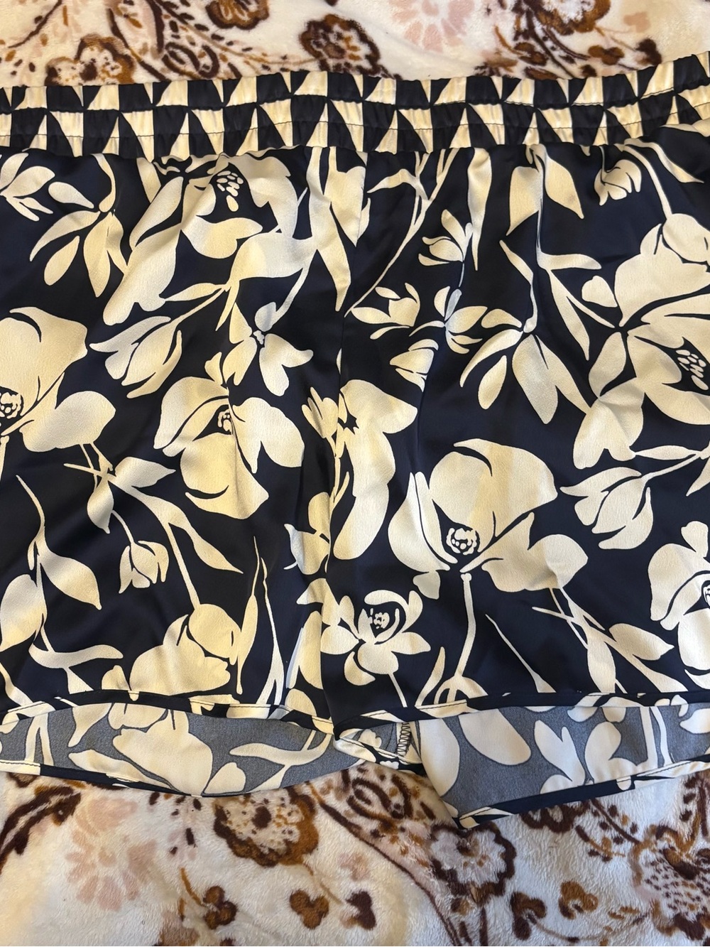 a new day Navy and Cream Floral Satin Shorts with Elastic Waist